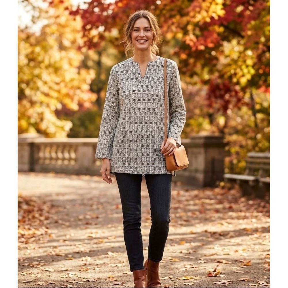 Lands End Boho Tunic Top Geometric Block Print V-Neck Long Sleeve Blouse Fall L